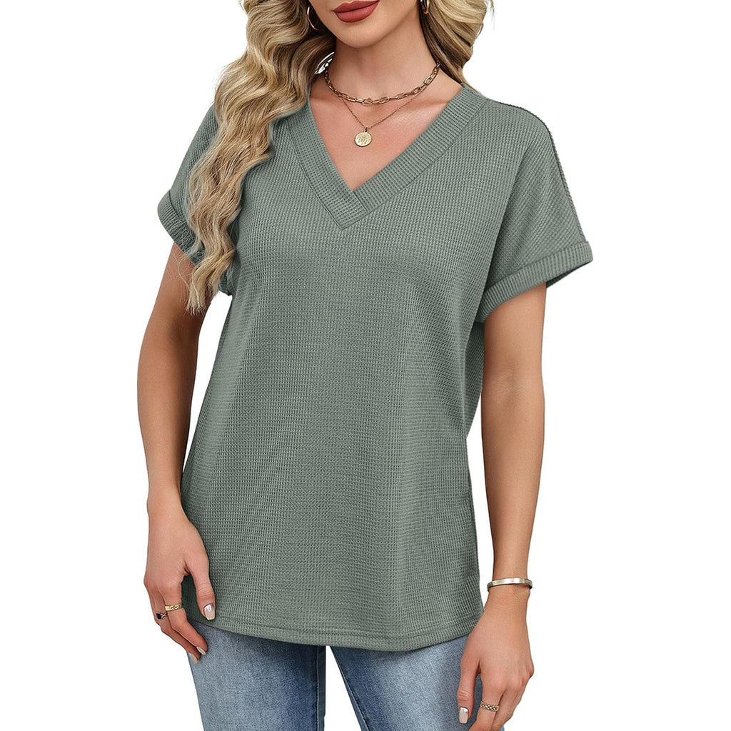 OFEEFAN Womens Short Sleeve Sweater Waffle Knit Tops V Neck Spring Summer T Shirts Casual Blouses Outfits Solid/Striped