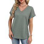 OFEEFAN Womens Short Sleeve Sweater Waffle Knit Tops V Neck Spring Summer T Shirts Casual Blouses Outfits Solid/Striped