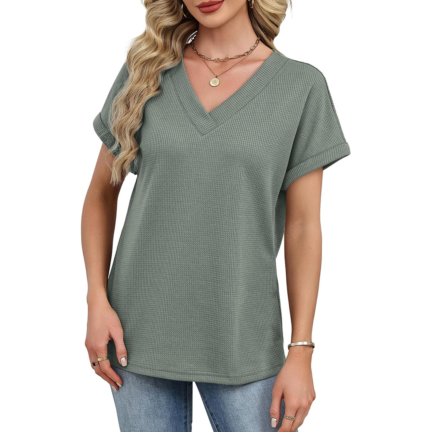 OFEEFAN Womens Short Sleeve Sweater Waffle Knit Tops V Neck Spring Summer T Shirts Casual Blouses Outfits Solid/Striped
