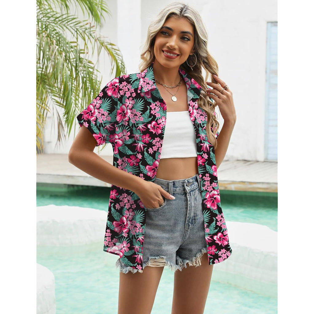 Women's Tropical Floral  Button Down Shirt Black Floral