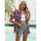 Women's Tropical Floral  Button Down Shirt Black Floral