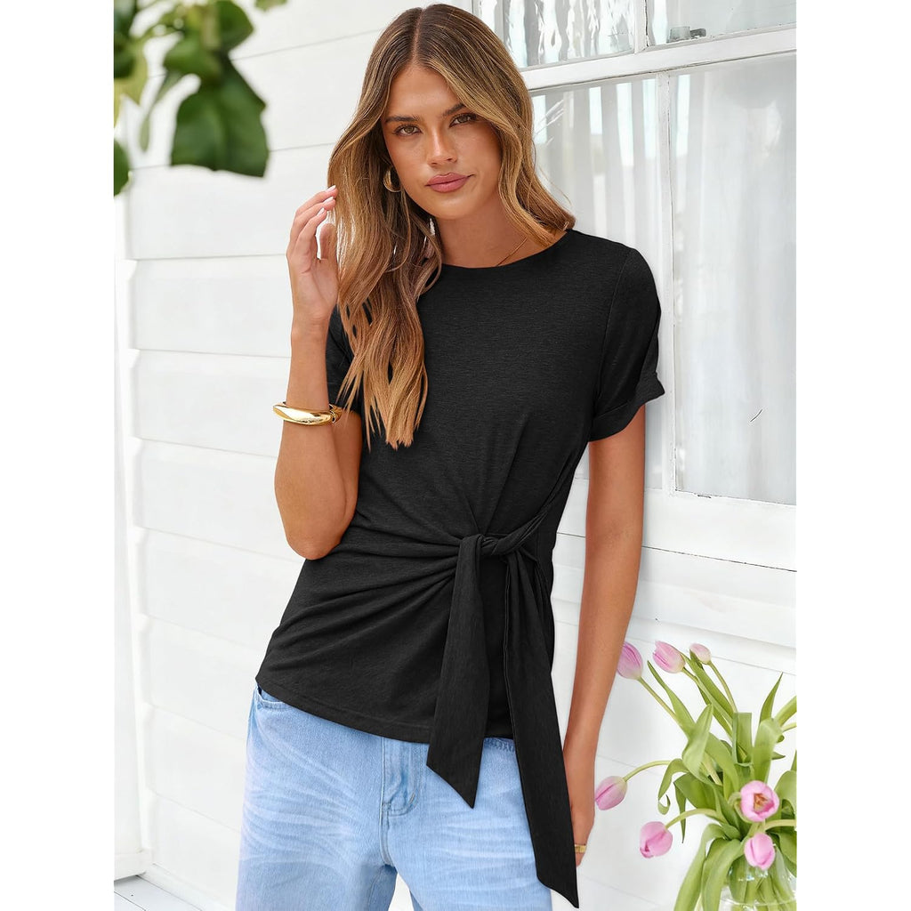 ANRABESS Womens Tops Summer Short Sleeve Crewneck Tie Waist Shirts Dressy Casual Blouse Tee 2026 Business Work Trendy Clothes