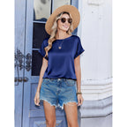 Zeagoo Satin Blouse for Women Business Casual Outfit Short Sleeve Tops Crewneck Tshirt Silk Shirt Summer Clothes