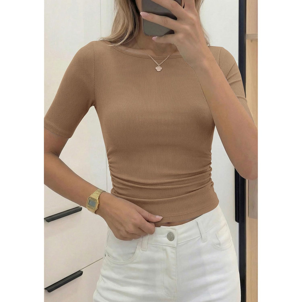 PRETTYGARDEN Womens Summer Short Sleeve Tops Boat Neck Ribbed Knit Slim Fit T Shirt Casual Basic Top 2026 Spring Clothes