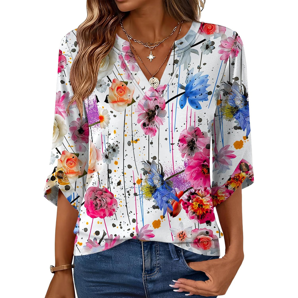Women's Flowy V-Neck Tunic Top White Colorful Floral