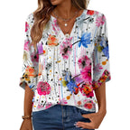 Women's Flowy V-Neck Tunic Top White Colorful Floral