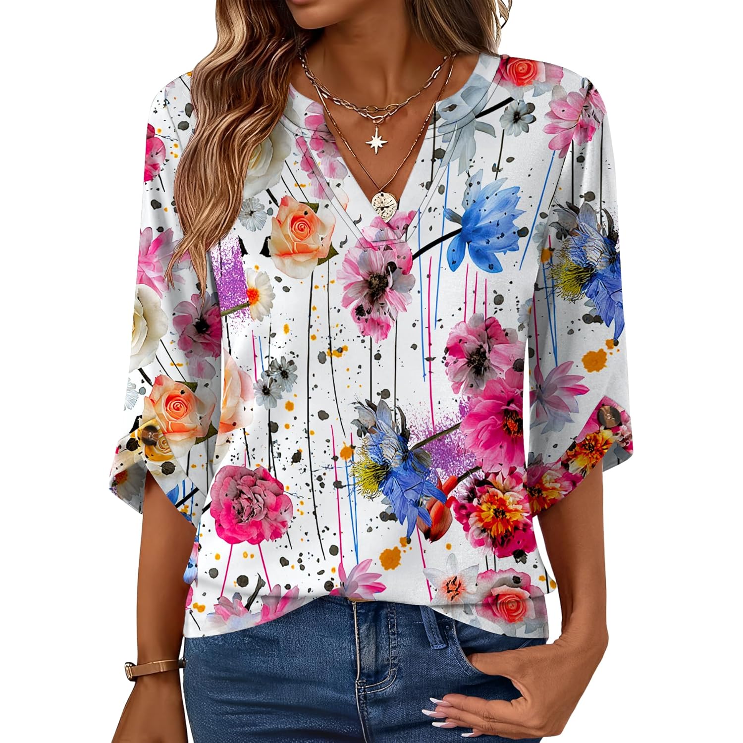 Women's Flowy V-Neck Tunic Top White Colorful Floral