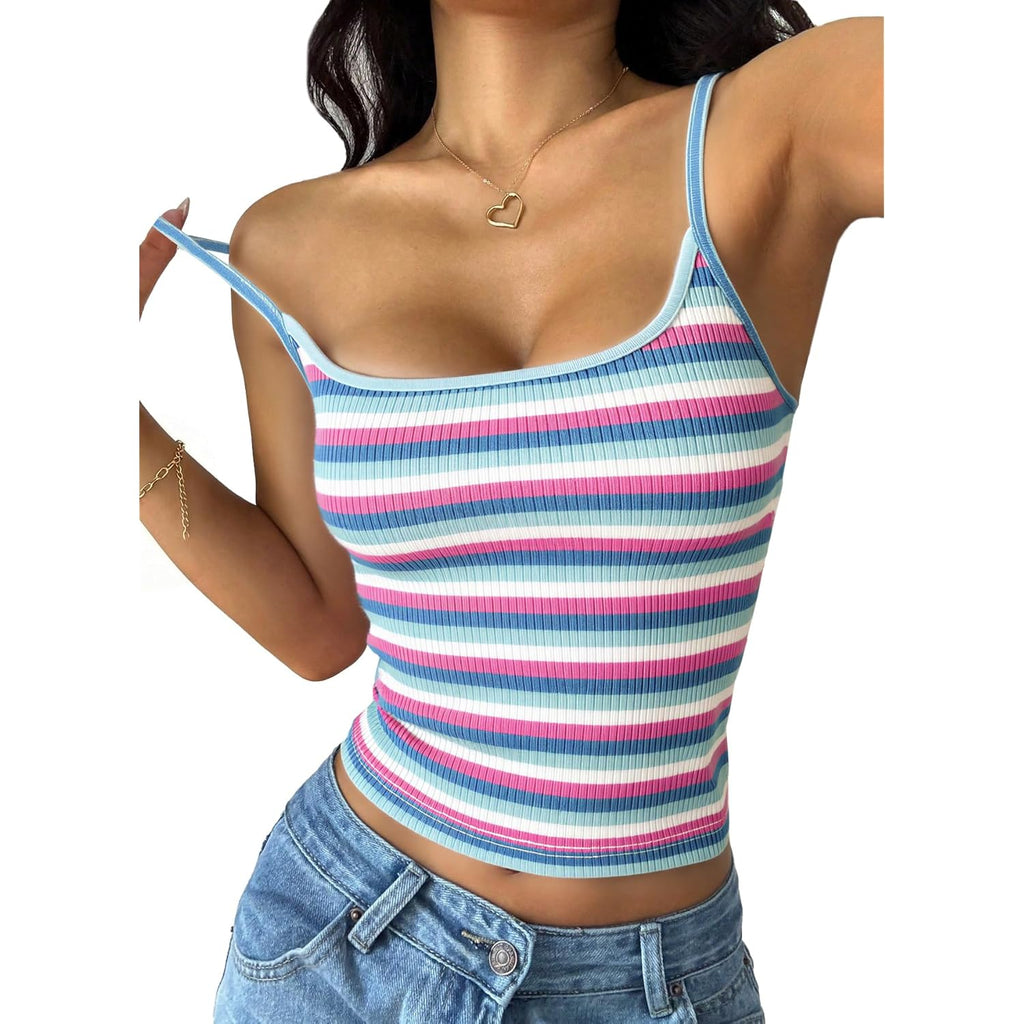 Women's Striped Knit Crop Tank Top Grey/Blue