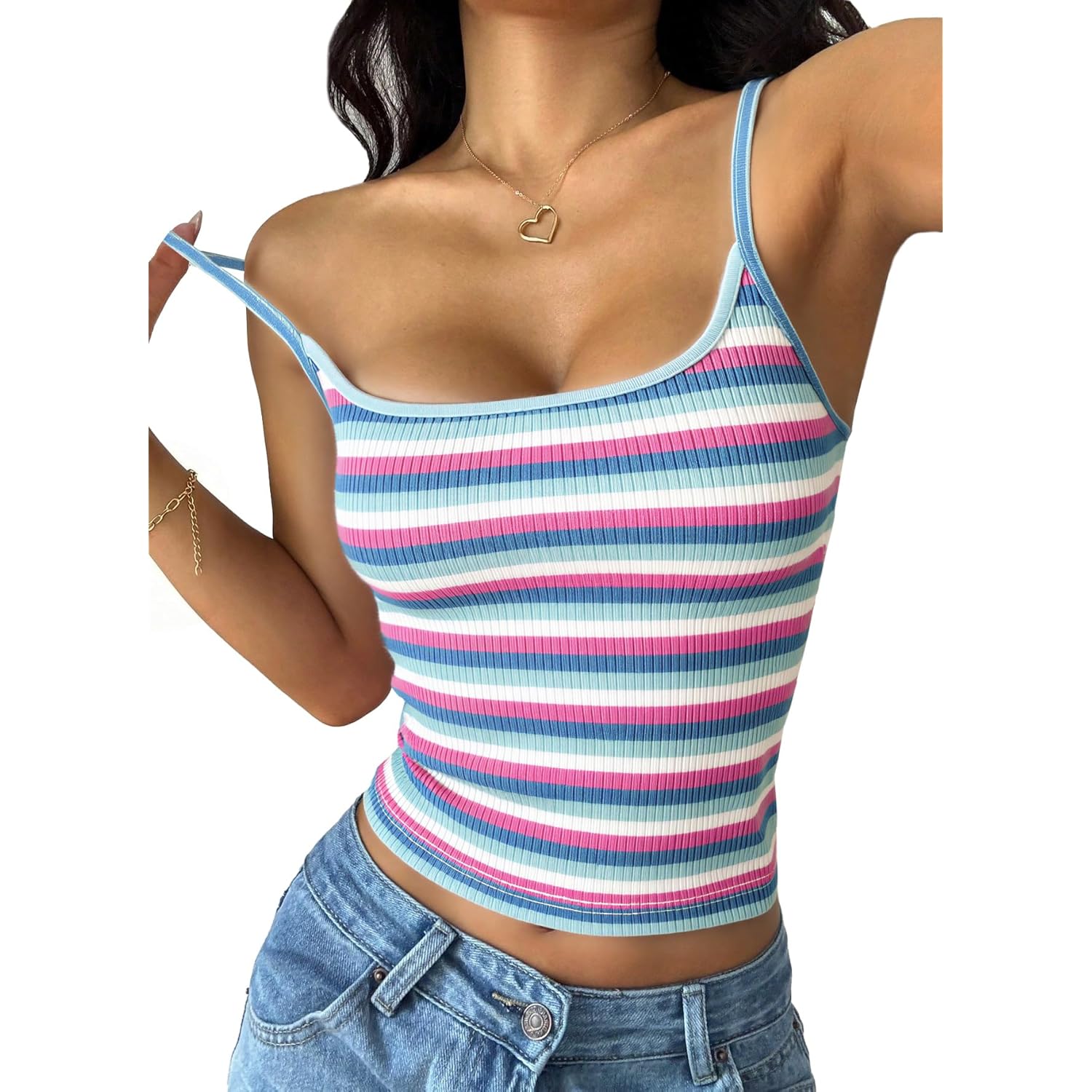 Women's Striped Knit Crop Tank Top Grey/Blue