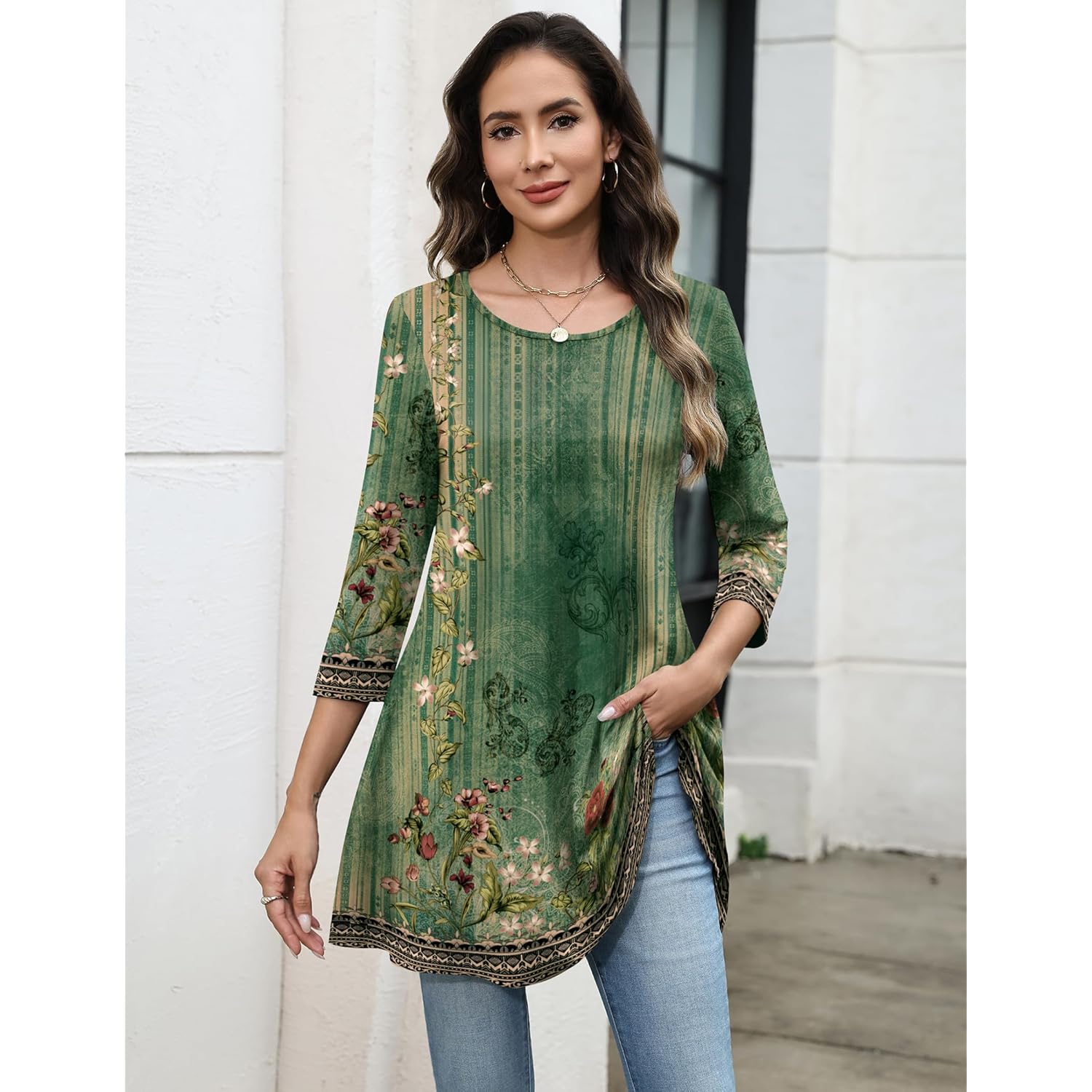Women's Swing Flare Tunic Top Green Floral