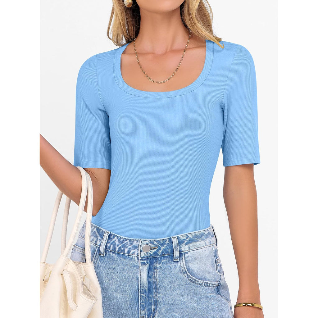 ANRABESS Womens Half Sleeve Tops Scoop Neck Ribbed Knit Slim Fitted Basic Tee Shirts Summer 2026 Trendy Spring Casual Clothes