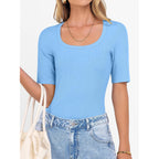 ANRABESS Womens Half Sleeve Tops Scoop Neck Ribbed Knit Slim Fitted Basic Tee Shirts Summer 2026 Trendy Spring Casual Clothes