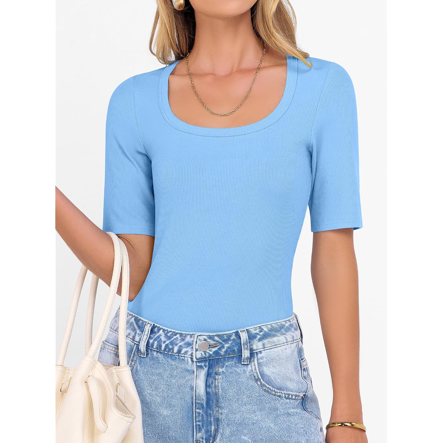 ANRABESS Womens Half Sleeve Tops Scoop Neck Ribbed Knit Slim Fitted Basic Tee Shirts Summer 2026 Trendy Spring Casual Clothes