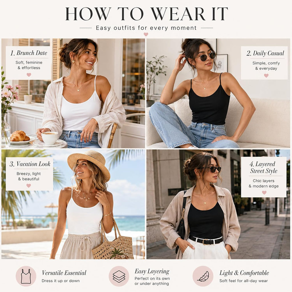 Camisole Tops for Women 2 Pack Black White Adjustable Strap Basic Cami Tank Tops Soft Stretch Layering Undershirts