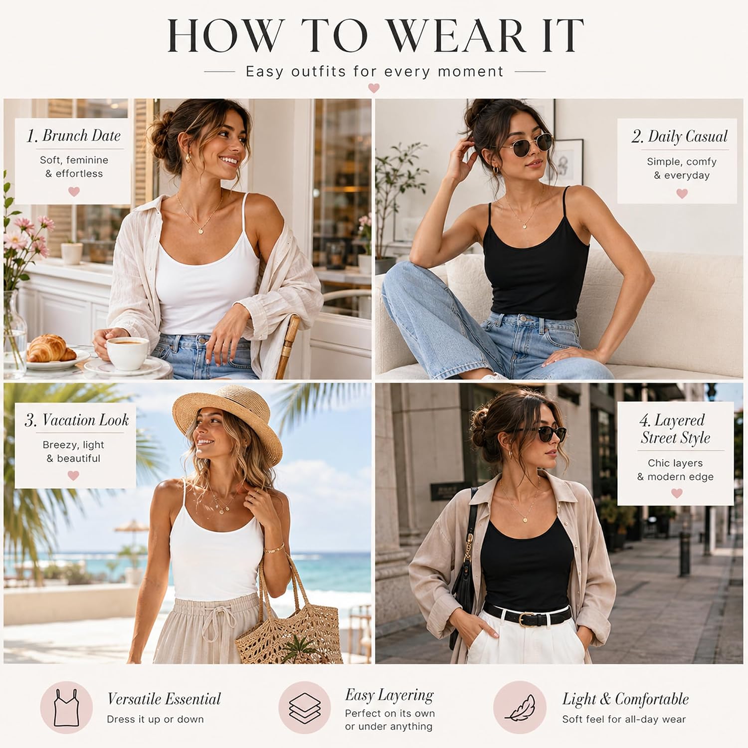 Camisole Tops for Women 2 Pack Black White Adjustable Strap Basic Cami Tank Tops Soft Stretch Layering Undershirts
