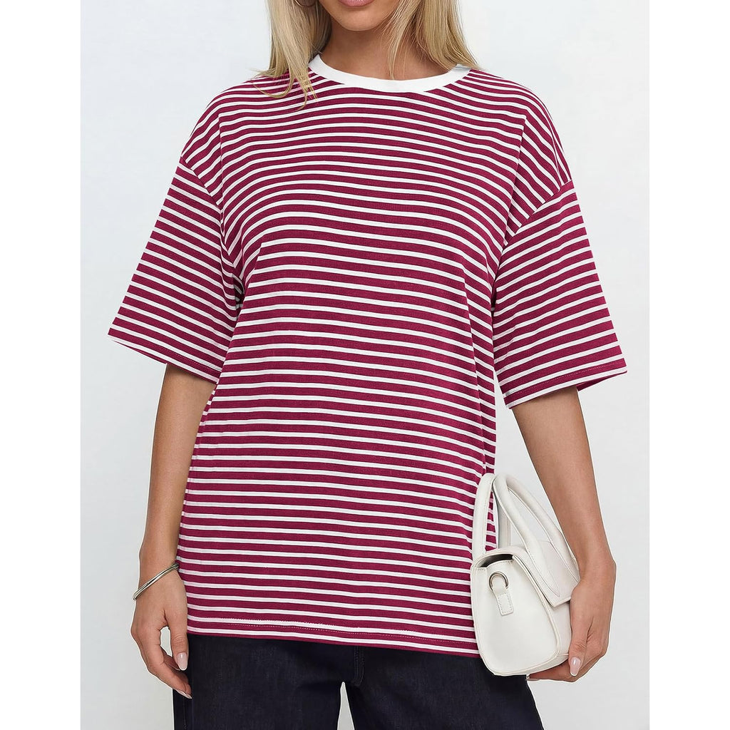 PRETTYGARDEN Women Short Sleeve Crewneck Ribbed Knit Oversized Tshirts 2026 Striped Summer Tops Basic Tee Casual Outfits