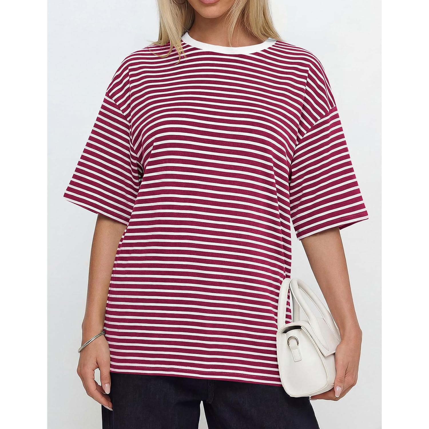 PRETTYGARDEN Women Short Sleeve Crewneck Ribbed Knit Oversized Tshirts 2026 Striped Summer Tops Basic Tee Casual Outfits