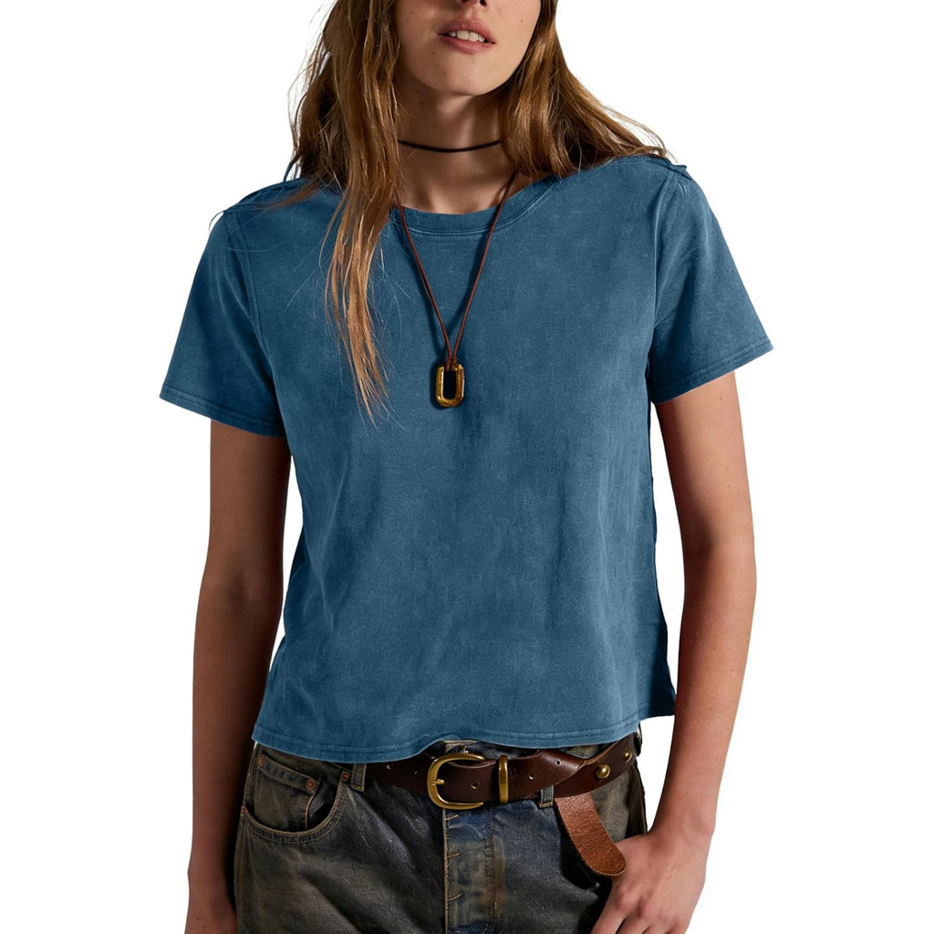 Vintage T Shirts for Women Casual Washed Cropped Tops Short Sleeve Cotton Tshirts Summer Basic Tees Trendy