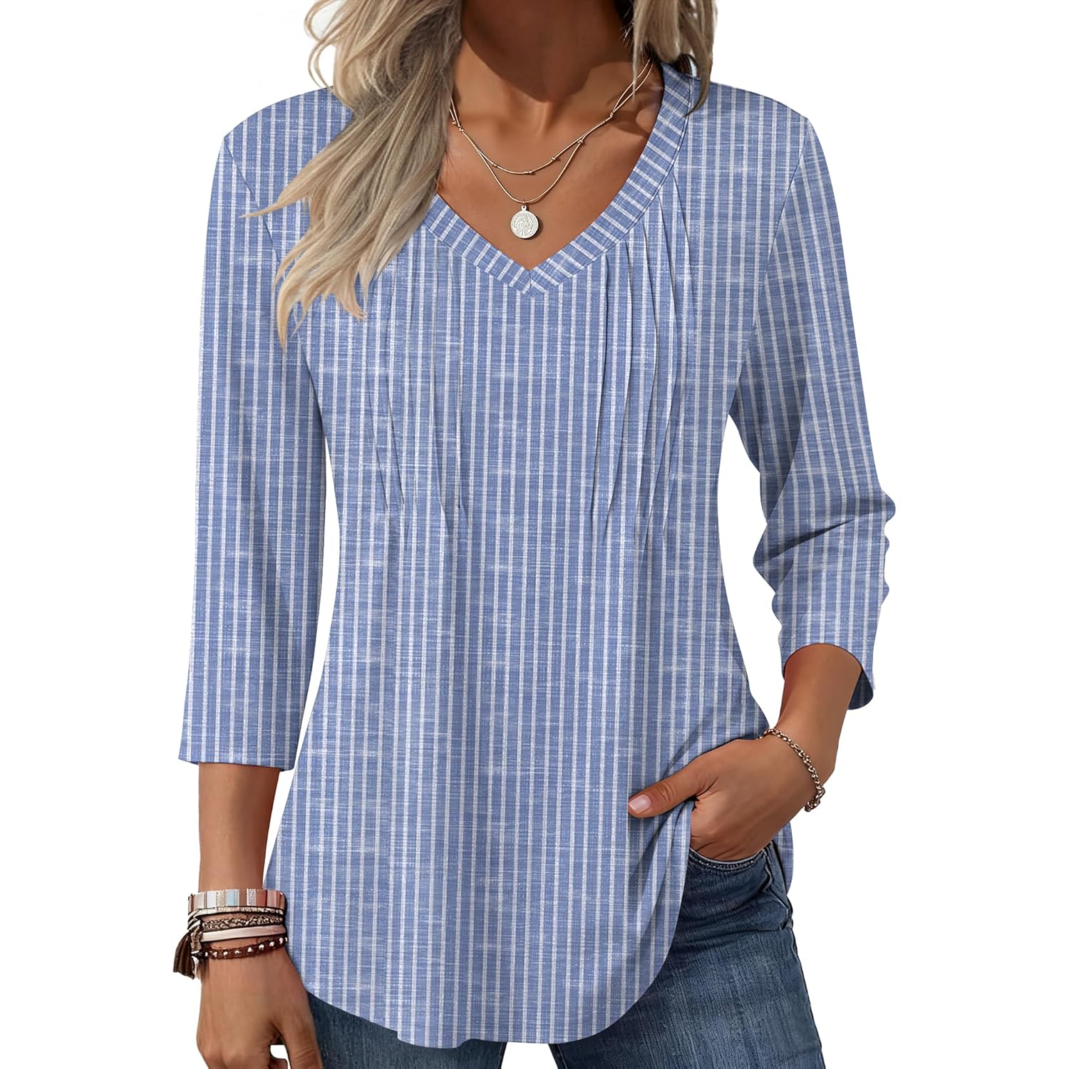 Women's Pleated Floral V-Neck Tunic Top Striped