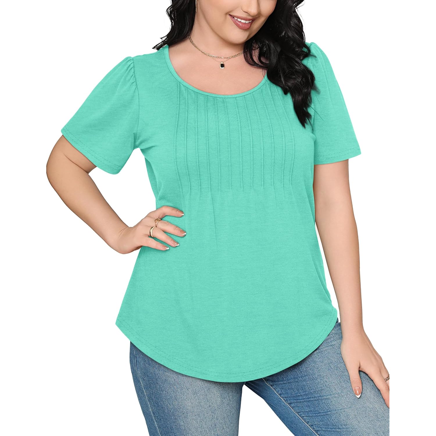 Women's Pleated Scoop Neck Tunic Top Aqua