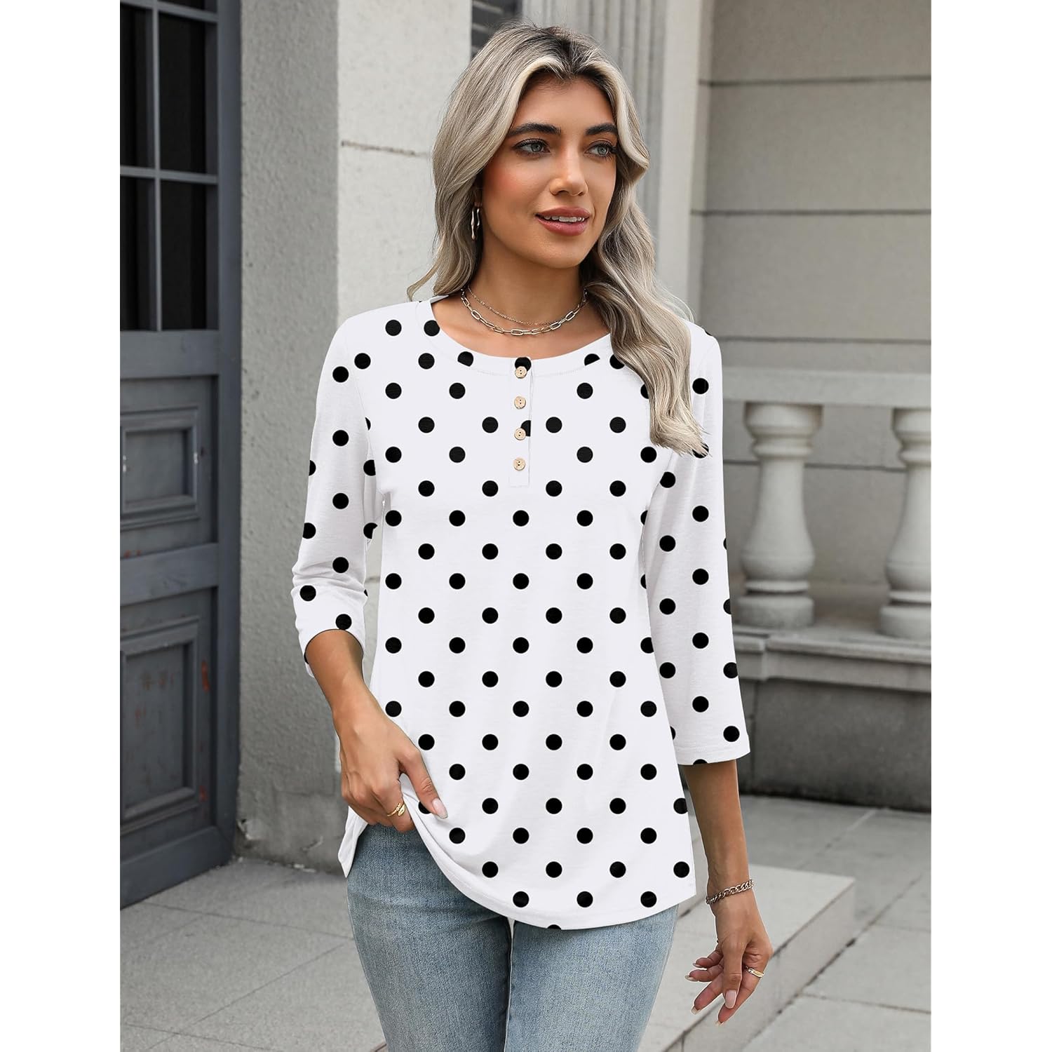 Women's Crew Neck Business Tunic Top Polka Dots