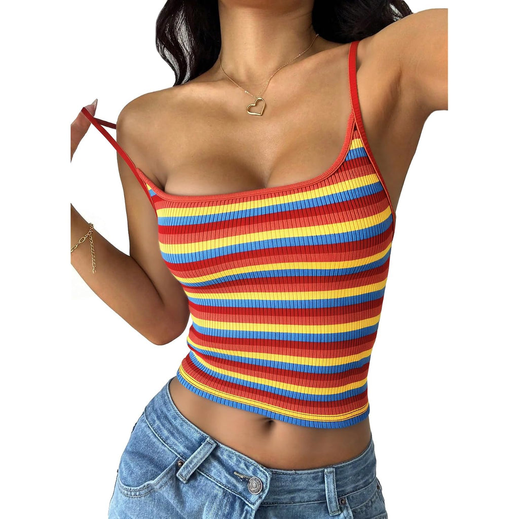PRETTYGARDEN Women Summer Crop Tops Sleeveless Spaghetti Strap Tank Striped Cami Knit Y2K Clothes Slim Fit Spring Shirts