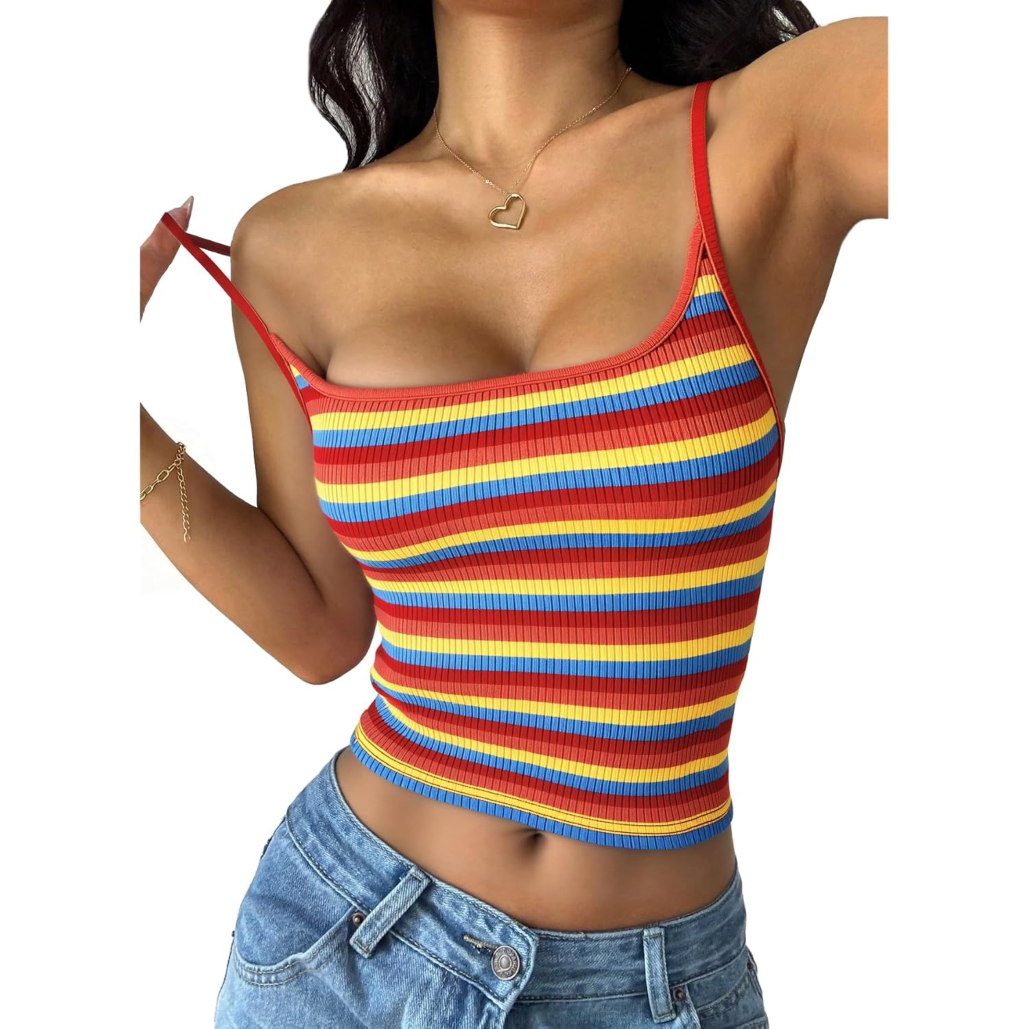 PRETTYGARDEN Women Summer Crop Tops Sleeveless Spaghetti Strap Tank Striped Cami Knit Y2K Clothes Slim Fit Spring Shirts