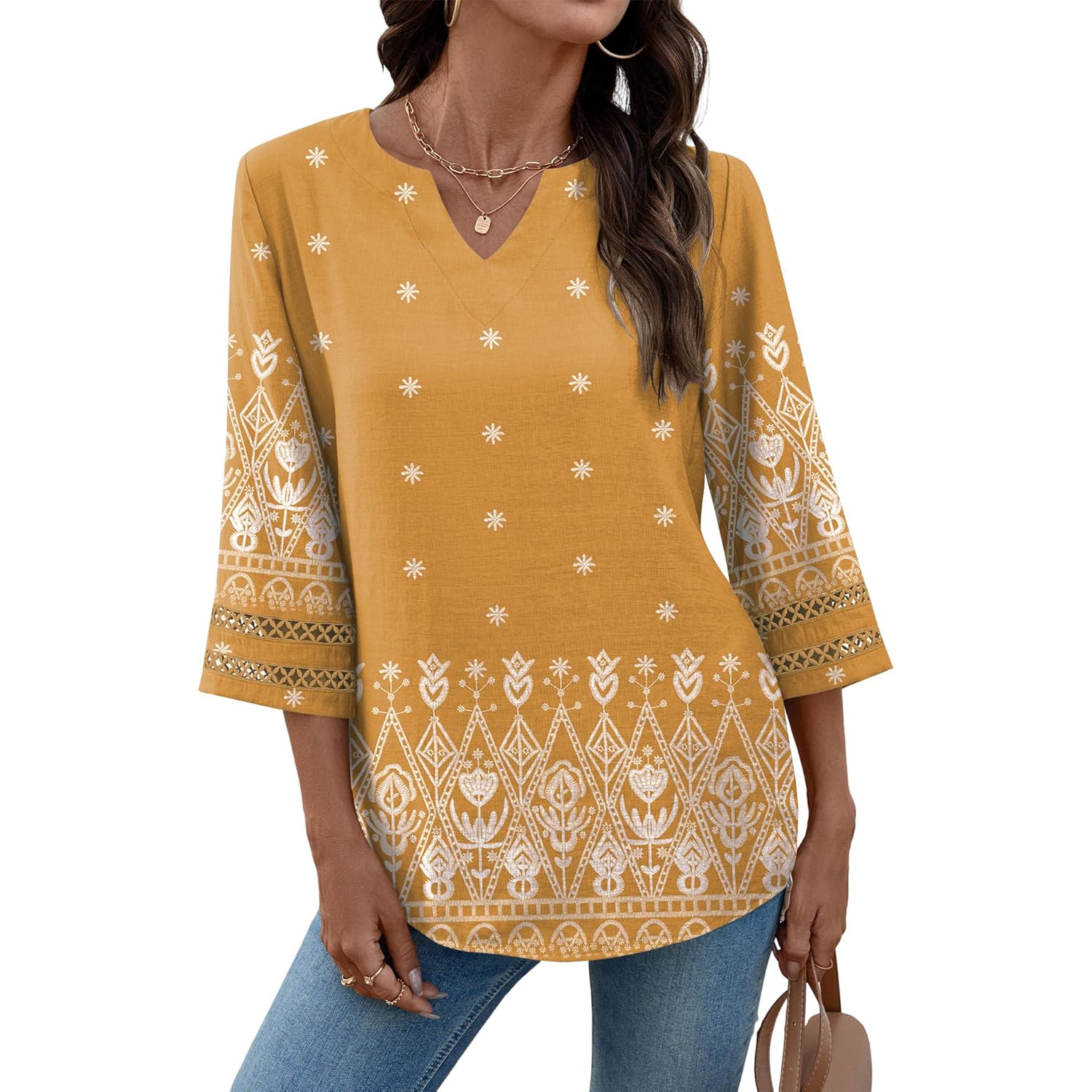 Women's Bohemian V-Neck Tunic Top Yellow Ethnic Print