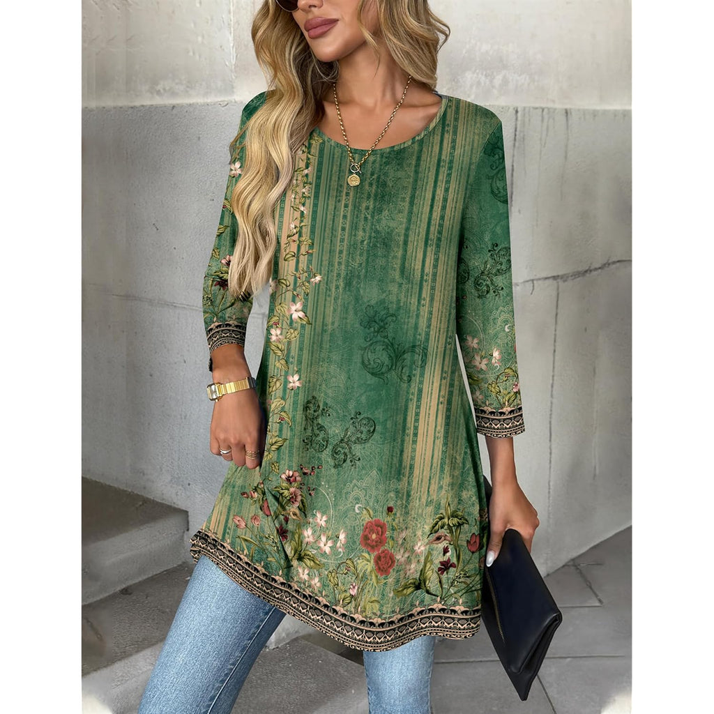 Women's Swing Flare Tunic Top Green Floral