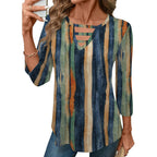Women's Hollow Out Crew Neck Tunic Top Retro Stripes