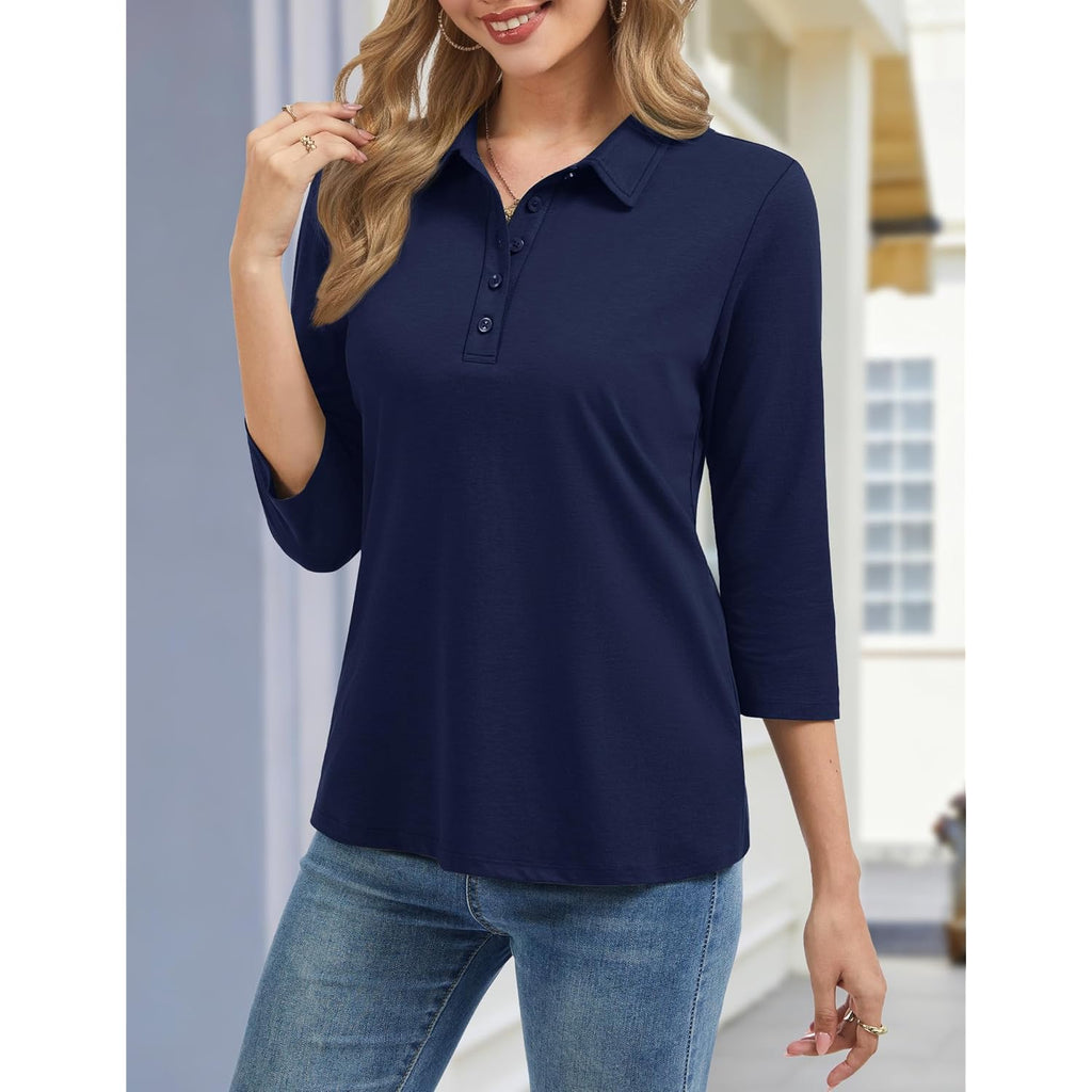Women's 5-Button Cotton Polo Shirt Navy Blue