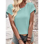 Dokotoo Womens Summer Tops 2026 Waffle Knit Lace Hollow Out Short Sleeve T-Shirts Crewneck Casual Loose Basic Tee Blouses