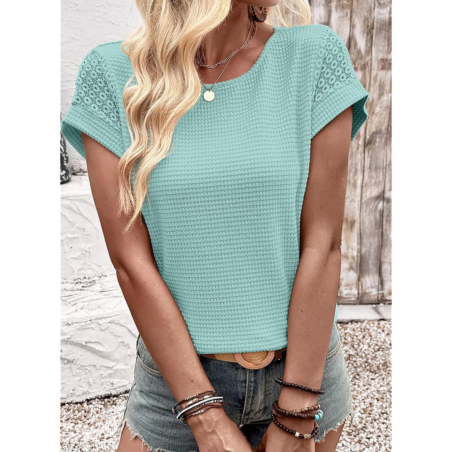 Dokotoo Womens Summer Tops 2026 Waffle Knit Lace Hollow Out Short Sleeve T-Shirts Crewneck Casual Loose Basic Tee Blouses