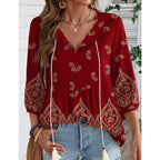 Women's Tie Front Boho Tunic Top Claret Red