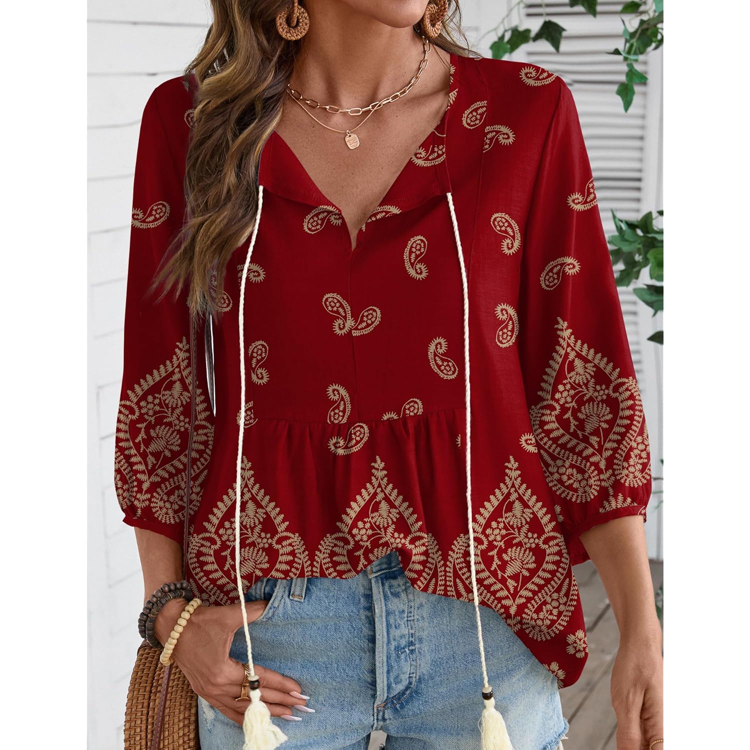 Women's Tie Front Boho Tunic Top Claret Red