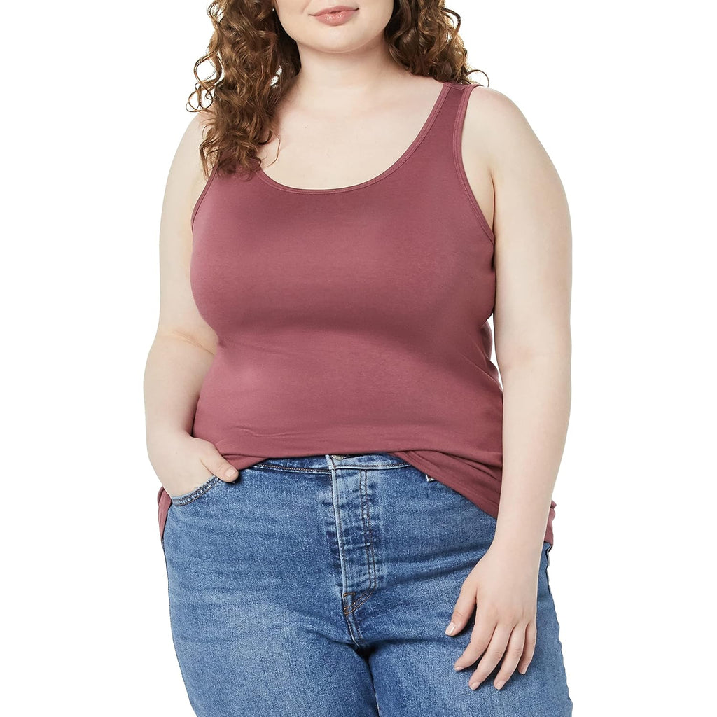 Women's Slim-Fit Scoop Neck Tank Top Beige/Raspberry Red