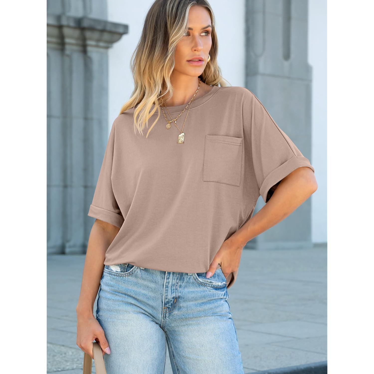 ANRABESS Women Oversized T Shirts Short Sleeve Summer Casual Loose Top Basic Tee with Pocket