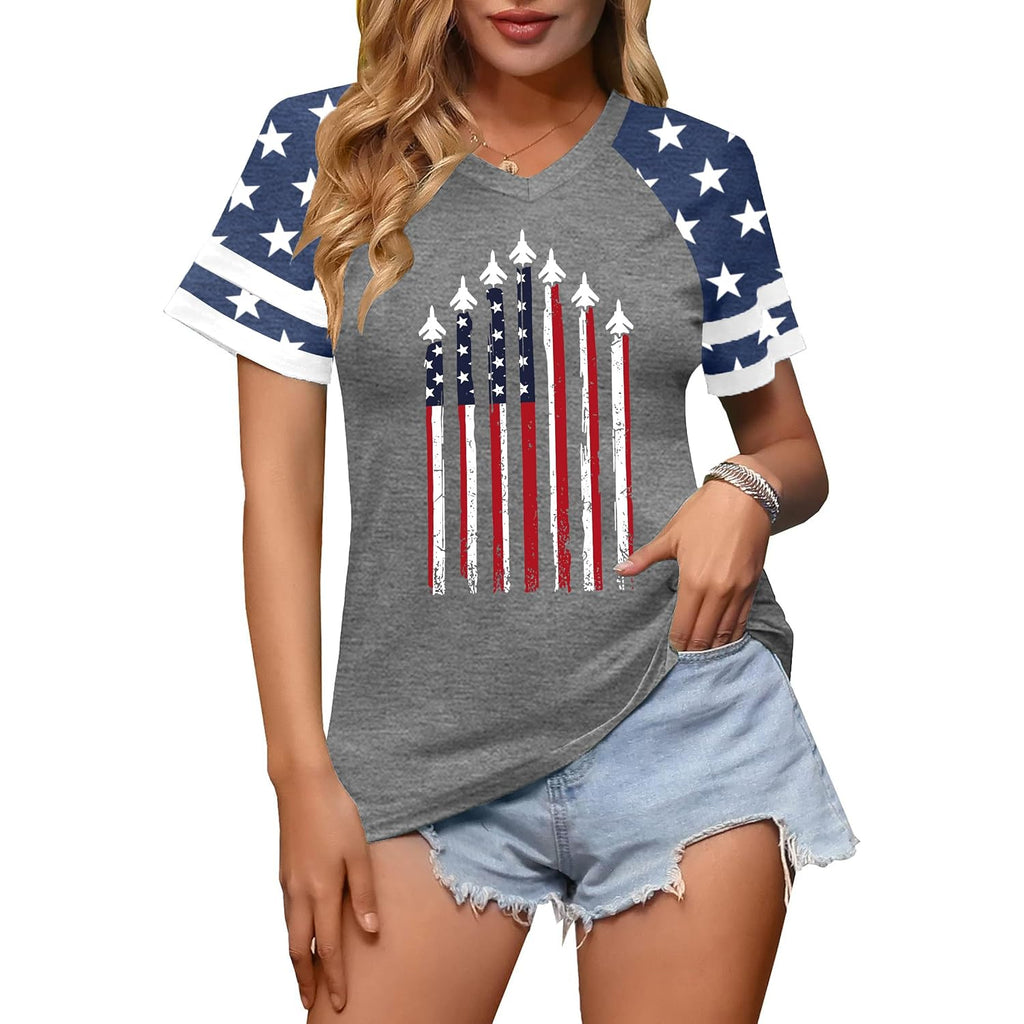 American Flag Shirts Women Patriotic Shirt 4th of July Tee Tops V-Neck Short Sleeve Summer T-Shirt