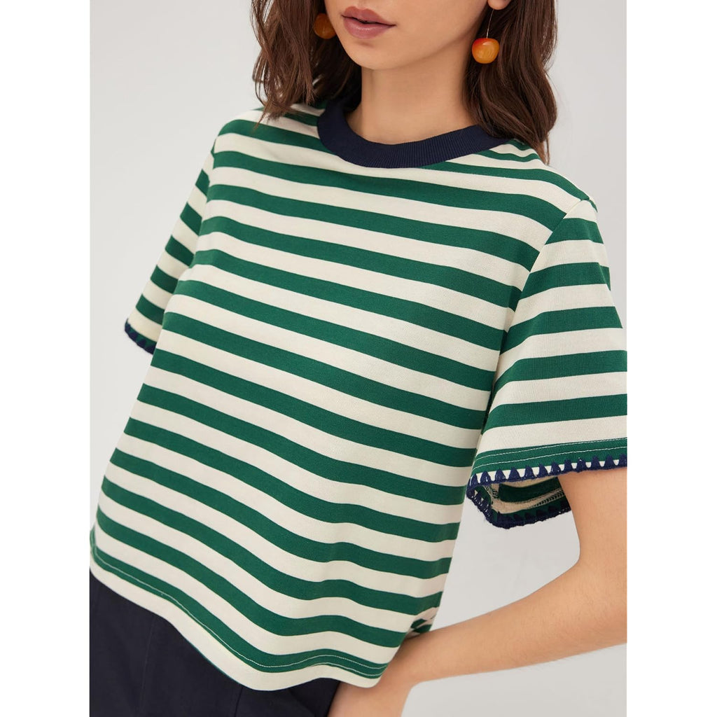 CIDER Women Stripe Crop Boxy Top Oversized Summer Crew Neck T-Shirt Cotton-Blend Short Sleeve Tee