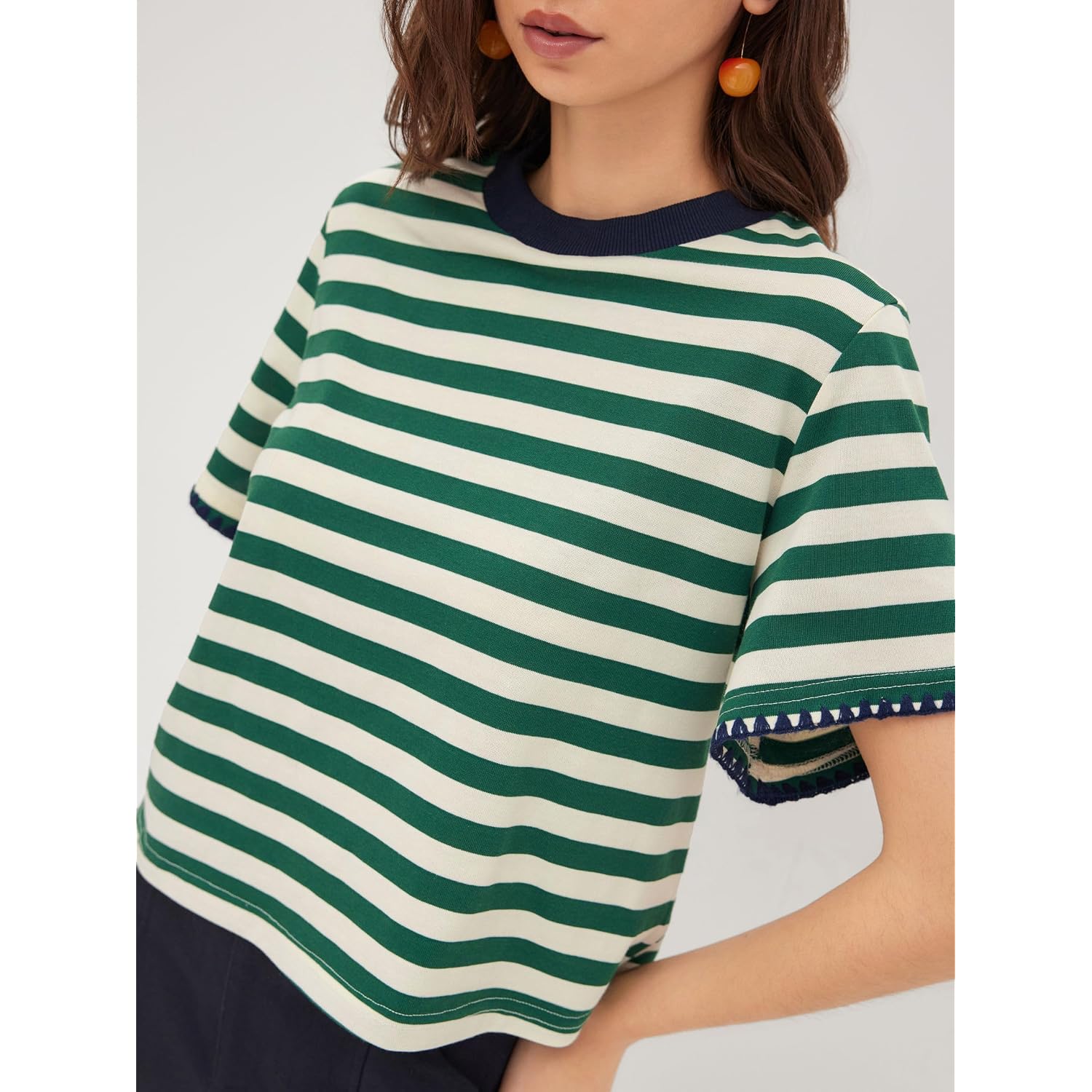 CIDER Women Stripe Crop Boxy Top Oversized Summer Crew Neck T-Shirt Cotton-Blend Short Sleeve Tee