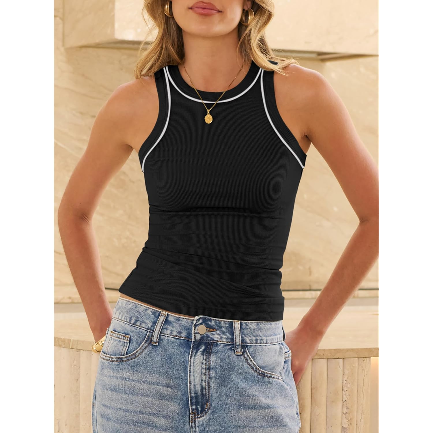 Women's Color Block Racerback Tank Top Black