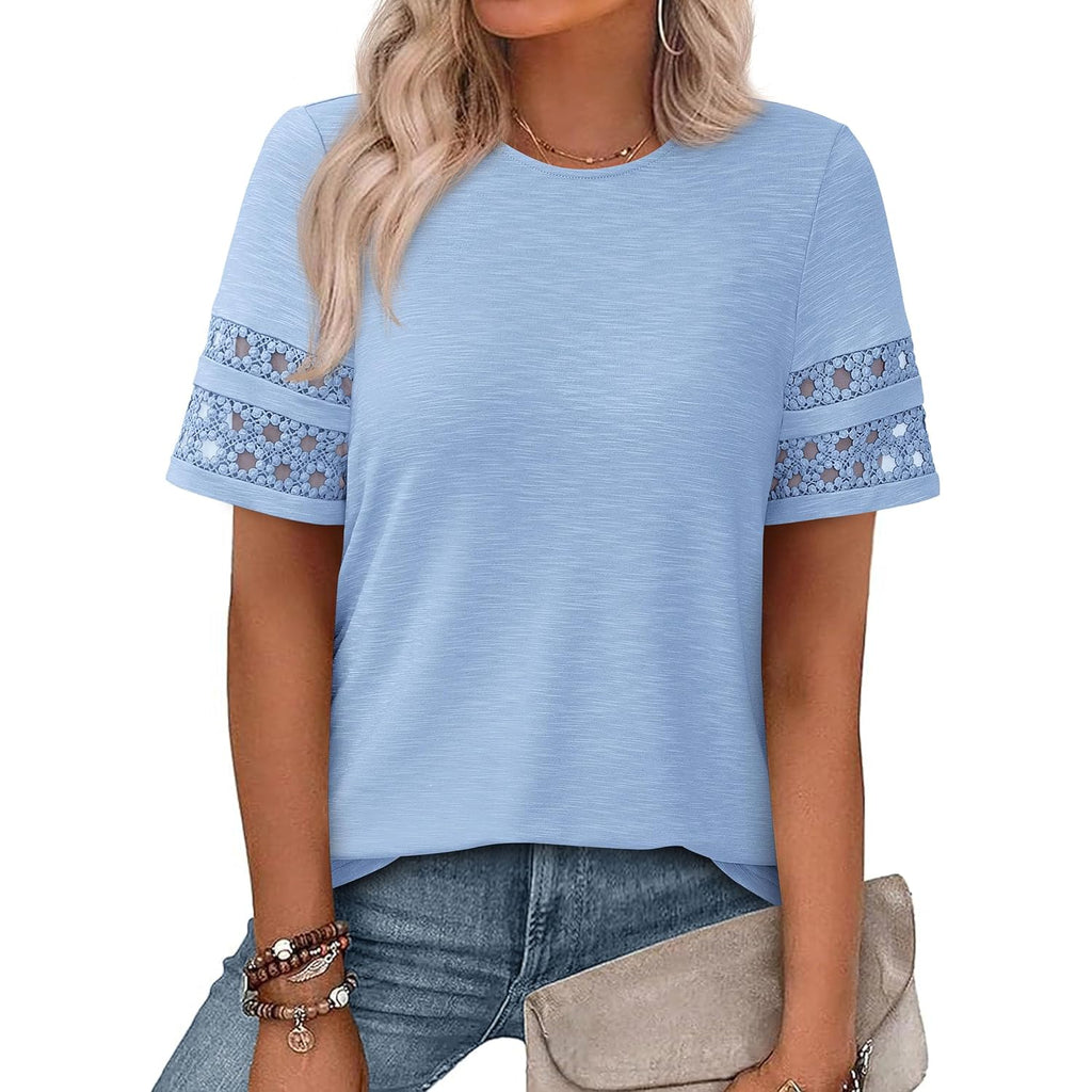 PRETTYGARDEN Summer Tops for Women 2026 Lace Short Sleeve T-Shirts Casual Blouses Spring Fashion Clothes Vacation Outfits