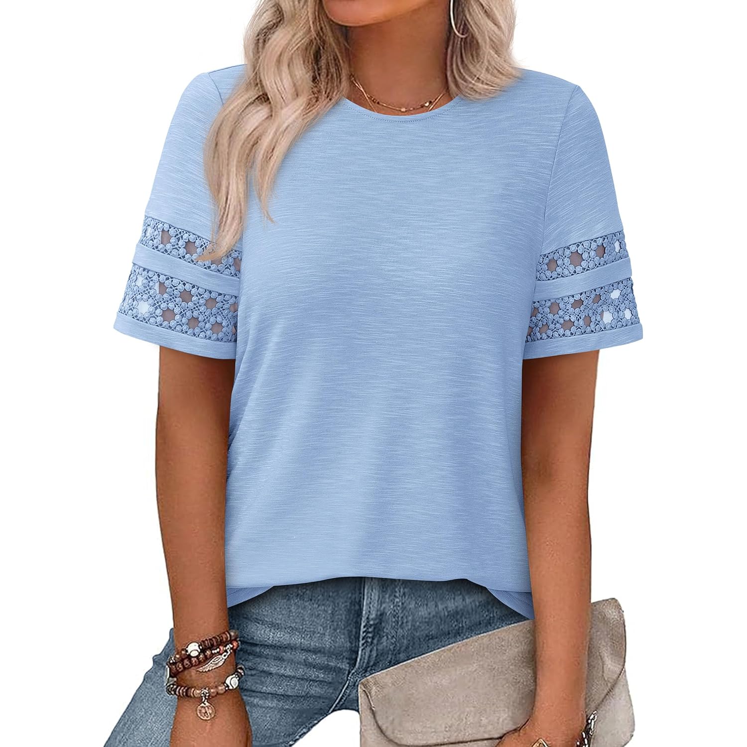PRETTYGARDEN Summer Tops for Women 2026 Lace Short Sleeve T-Shirts Casual Blouses Spring Fashion Clothes Vacation Outfits