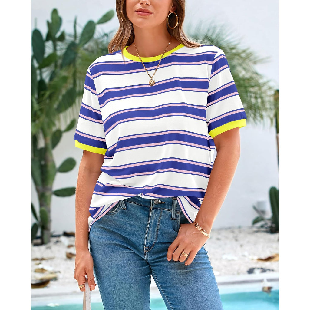 BTFBM Summer Tops for Women 2026 Crewneck Short Sleeve Striped T Shirts Casual Spring Clothes Color Block Basic Tee Blouses