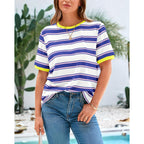 BTFBM Summer Tops for Women 2026 Crewneck Short Sleeve Striped T Shirts Casual Spring Clothes Color Block Basic Tee Blouses
