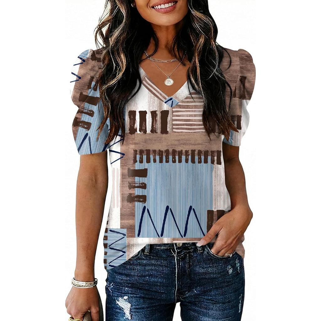 Women's Puff Sleeve V-Neck Tunic Top Brown/Blue Plaid