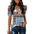 Women's Puff Sleeve V-Neck Tunic Top Brown/Blue Plaid