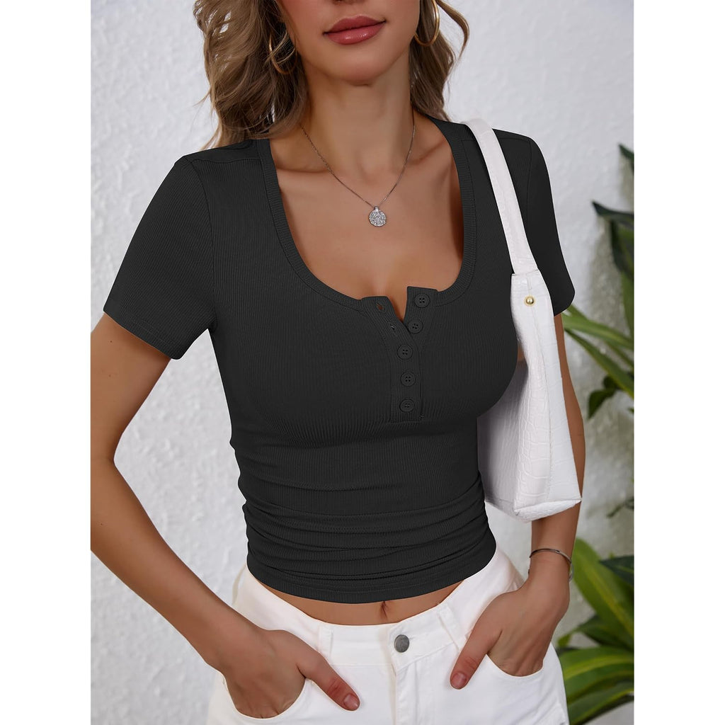 ANRABESS Womens Short Sleeve Henley Shirts Ribbed Slim Fitted Tee Summer Work Tops 2026 Button Blouse Spring Vacation Clothes