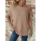 Dokotoo Womens Summer Tops Off One Shoulder Waffle Knit Short Sleeve T-Shirts Casual Lightweight Solid Color Blouses