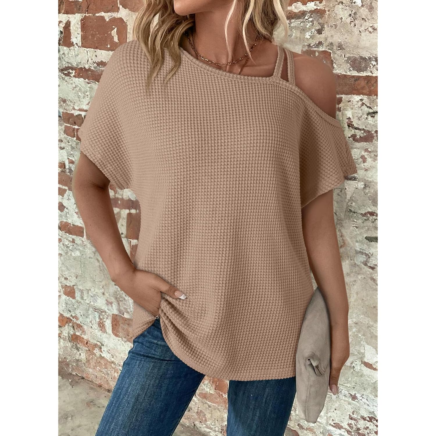 Dokotoo Womens Summer Tops Off One Shoulder Waffle Knit Short Sleeve T-Shirts Casual Lightweight Solid Color Blouses
